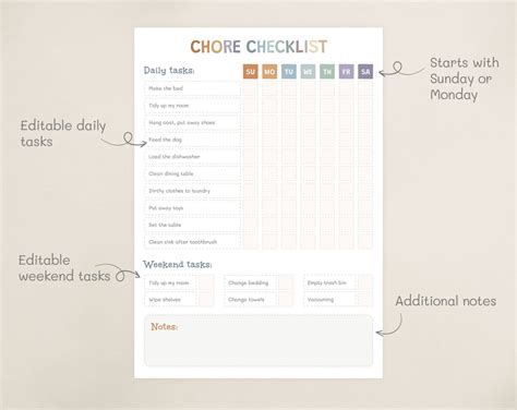 Chore Checklist for Kids Printable, Visual Chore Chart, Editable Chore ...