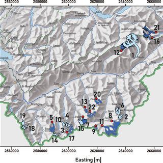 Map showing the 22 glaciers examined in this study. Glaciers in dark... | Download Scientific ...