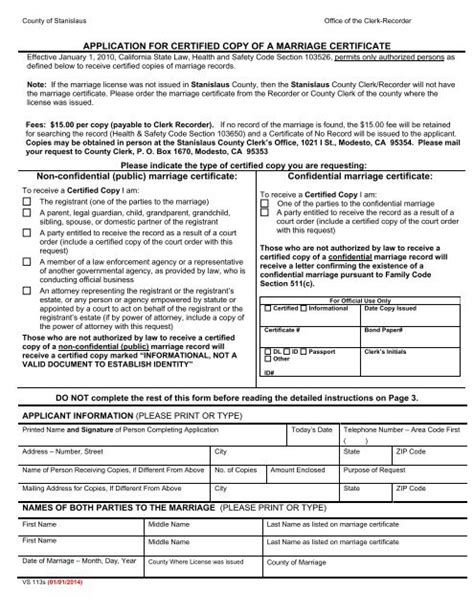 Application For Certified Copy Of A Marriage Stanislaus County