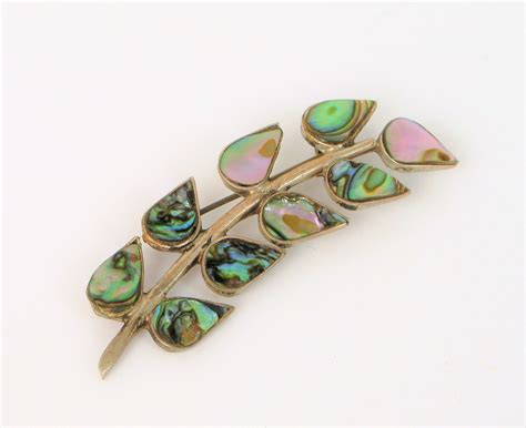 VTG BEAUTIFUL STERLING SILVER ABALONE SHELL LEAF TAXCO MEXICO BROOCH