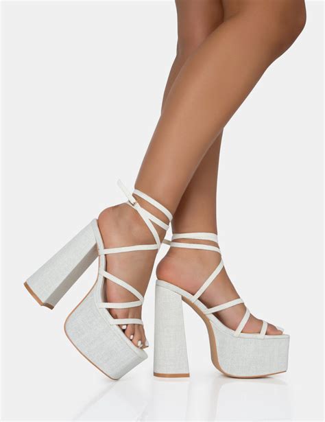 Suki Ecru Linen Strappy Platform Square Toe Block Heels Public Desire