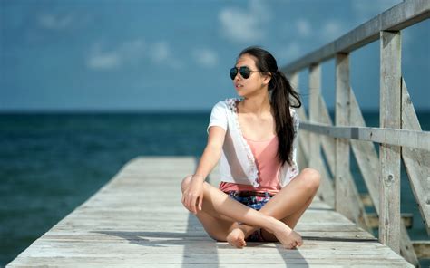 Women Model Sea Sunglasses Brunette Asian Sitting Photography