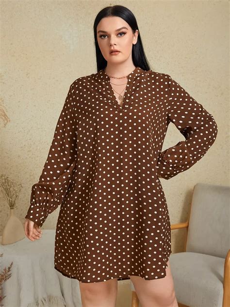 Shein Plus Notched Neckline Polka Dot Tunic Dress In 2024 Simple