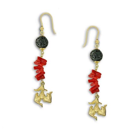 Silver Lava Stone And Red Coral Earrings Sicily Lover