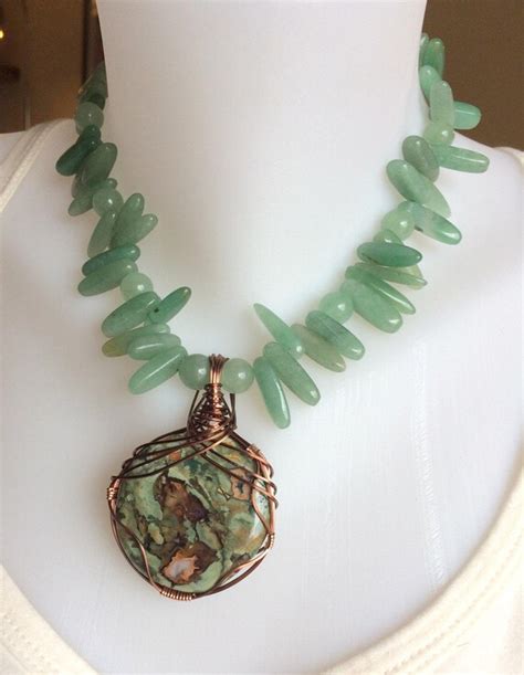 Green Aventurine Beaded Necklace With Wire Wrapped Pendant Etsy