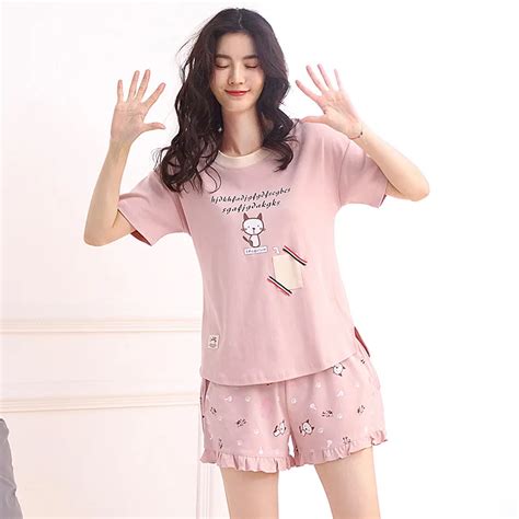 Cute Cat Pajamas Women Girls 2 Pieces Pajama Set Loose Short Sleeve