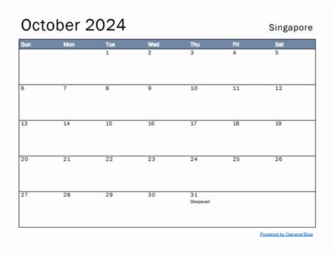 October 2024 Monthly Calendars with Singapore Holidays