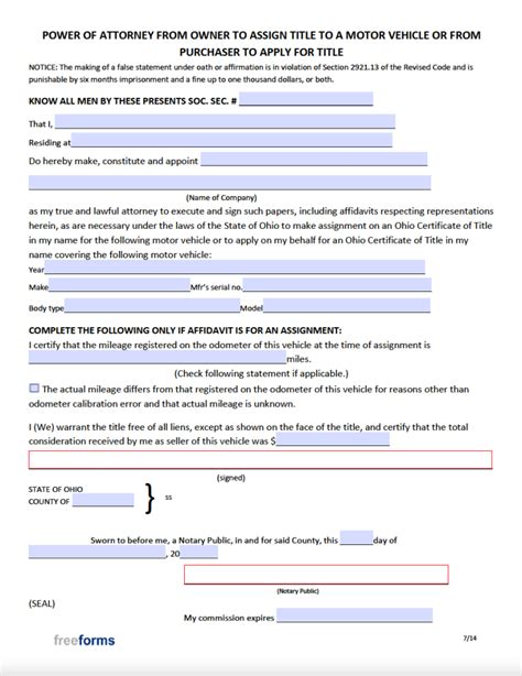 Free Ohio Motor Vehicle Power Of Attorney Form PDF WORD