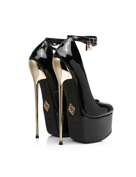 Black Shiny Essence Giaro Slick Platform Pumps With Lock And Ankle Strap