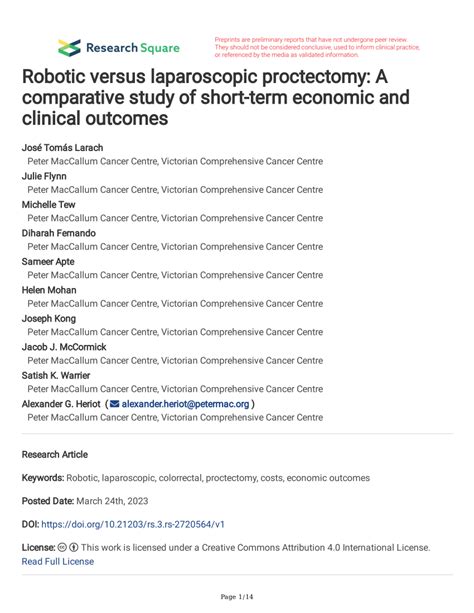 Pdf Robotic Versus Laparoscopic Proctectomy A Comparative Study Of