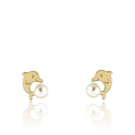 Puces D Oreilles Dauphin Or Jaune 750 Perle De Culture Bambins Ocarat