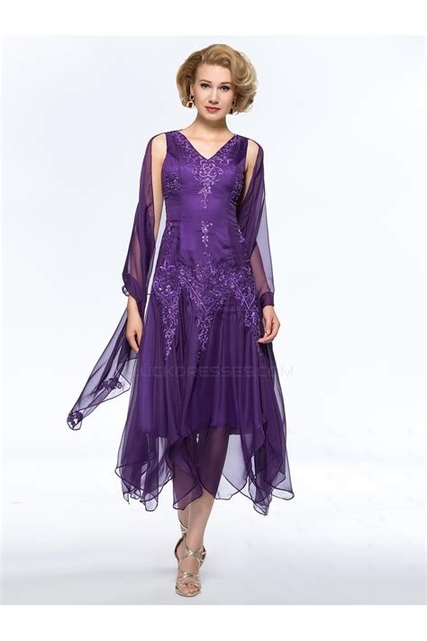 A Line Beaded V Neck Short Purple Embroidery Mother Of The Bride Dresses M010051