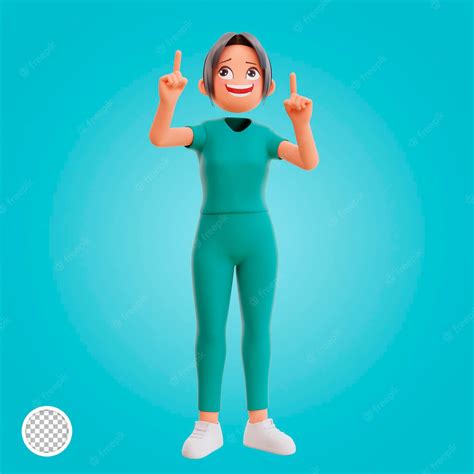 Premium Psd 3d Render Cute Nurse Smiling Pointing Fingers Up