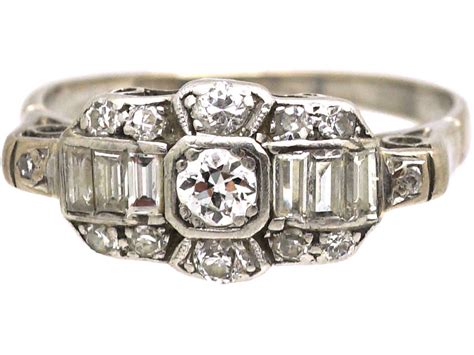 Art Deco 18ct White Gold Diamond Ring With Baguette Diamond Detail