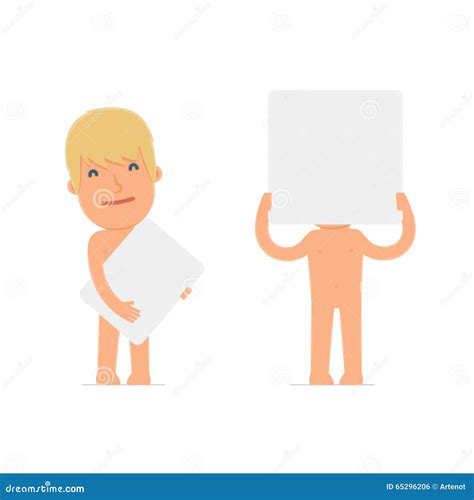 Funny Character Naked Man Holds And Interacts With Blank Forms O Stock Illustration