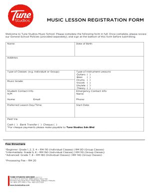 Fillable Online Music Lesson Registration Form Tune Studios Fax Email