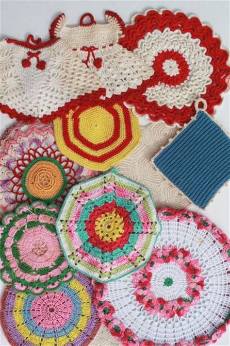 Vintage Crochet Potholders Lot Of Kitchen Pot Holders Hot Mats Trivets