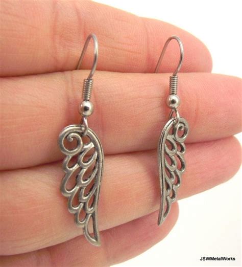 Small Antiqued Silver Guardian Angel Wing Earrings Minimalist Etsy