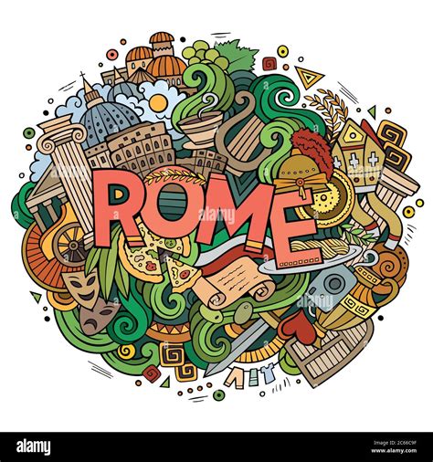 Cartoon Cute Doodles Hand Drawn Rome Inscription Stock Vector Image