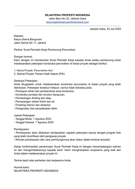 Contoh Surat Perintah Kerja Dan Format Pembuatannya