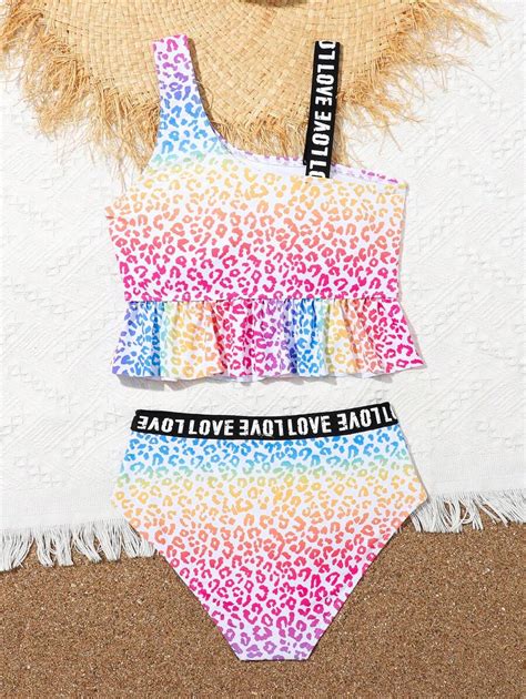 Tween Girls Leopard Print Letter Pattern Bikini Set With Asymmetrical Strap Summer Shein Usa