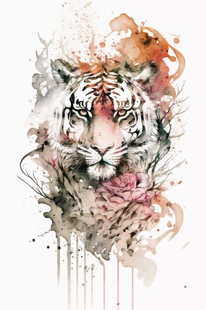 Une Peinture L Aquarelle D Un Tigre Avec Une Fleur Dessus Vecteur