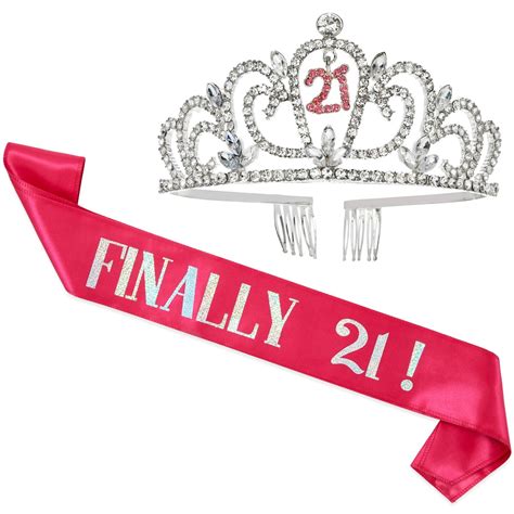 21st Birthday Sash And Crown Set For Her Finally 21 Hot Pink Reflective Sash Rhinestone Tiara