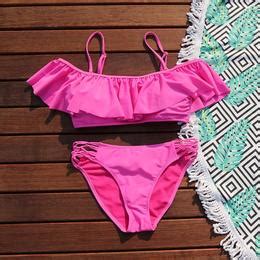 Pink Ruffle Bandeau Bikini Set Swimsuit Cute