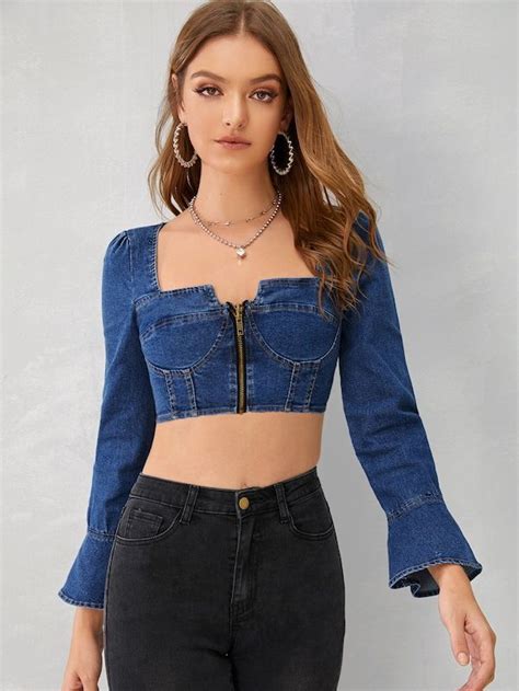 Shein Zip Front Flounce Sleeve Crop Denim Top Denim Top Denim Top