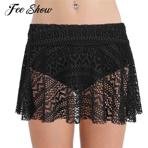 Womens Mid Waist Beach Swimming Crochet Lace Bikini Swim Skirt With