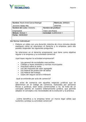 Actividad 5 De Derechos Empresarial Nombre Matricula Nombre Del