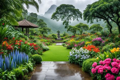 "Realistic ultra HD wallpaper of a rainy paradise garden by Feroz Qazi ...