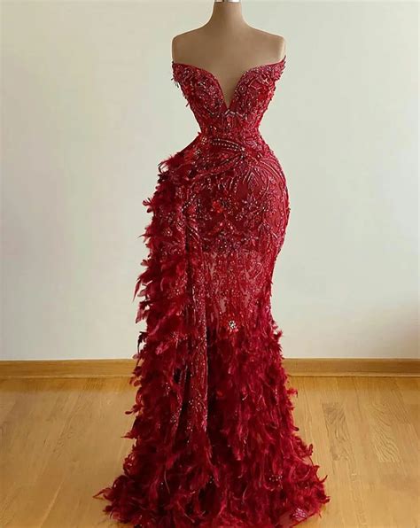 Red Feather Mermaid Feather Evening Dress With Sweetheart Neckline