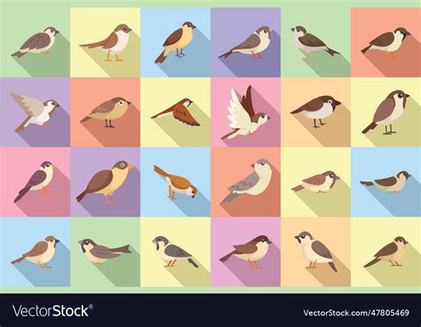 Sparrow Icons Set Flat Fly Bird Royalty Free Vector Image