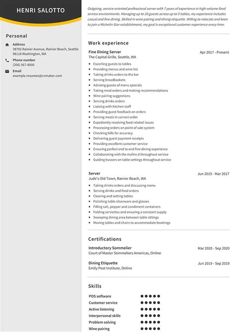 Restaurant Server Resume Example Template And How To Write Tips For 2024