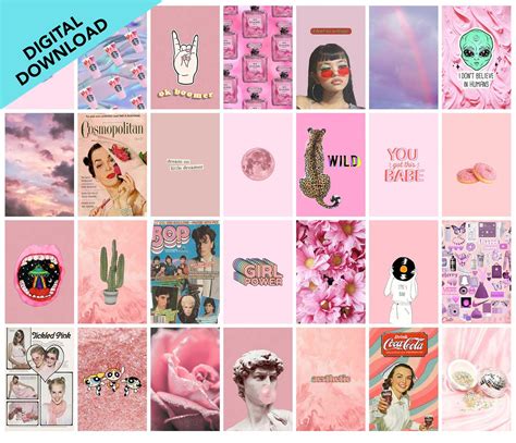 90s Vintage Pink Stickers VSCO Wall Collage Kit Photo Wall - Etsy