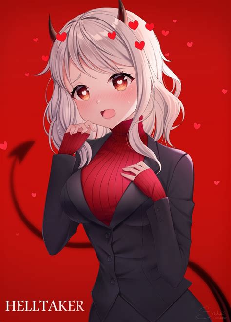 Blushing Brown Eyes Helltaker White Hair Heart Eyes Sweater Suits Tail Modeus Helltaker