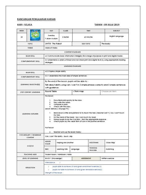 Rancangan Pengajaran Harian Pdf English Language Learning