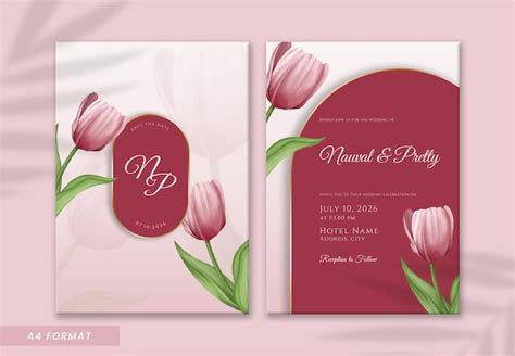 Premium PSD Beautiful Pink Tulip Watercolor Double Sided Wedding