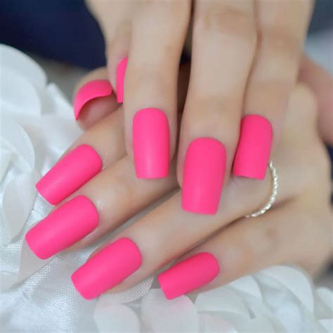 Hot Pink Rose Matte Fake Nails Rose Red Frosted False Nails Square Top Full Nail Art Tips Press