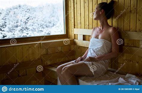 Woman Relaxing And Sweating In Hot Sauna Stock Image Image Of Beauty Female
