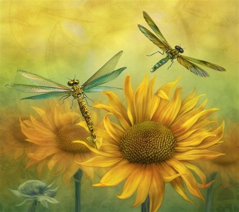 Premium Photo | Dragonfly on a sunflower painting - dragonfly on a ...