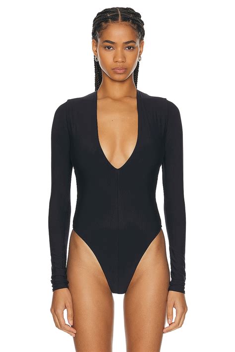 Eterne Long Sleeve Deep V Bodysuit In Black Fwrd