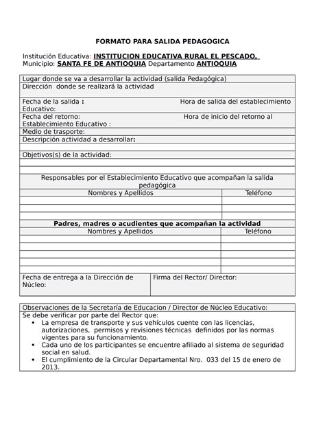 Formato Salida FORMATO PARA SALIDA PEDAGOGICA Institución Educativa