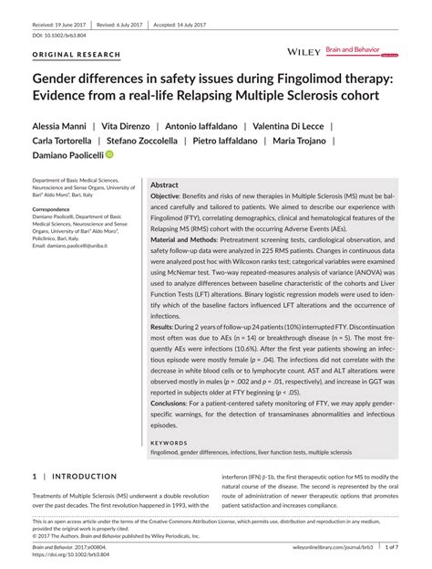 Pdf Gender Differences In Safety Issues During Fingolimod Therapy