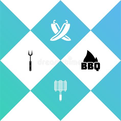 Set Barbecue Fork Steel Grid Crossed Hot Chili Pepper Pod And Fire Flame Icon Vector Stock