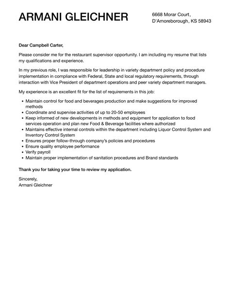 Cover Letter Sample For Restaurant Letter Restaurant Cover Example