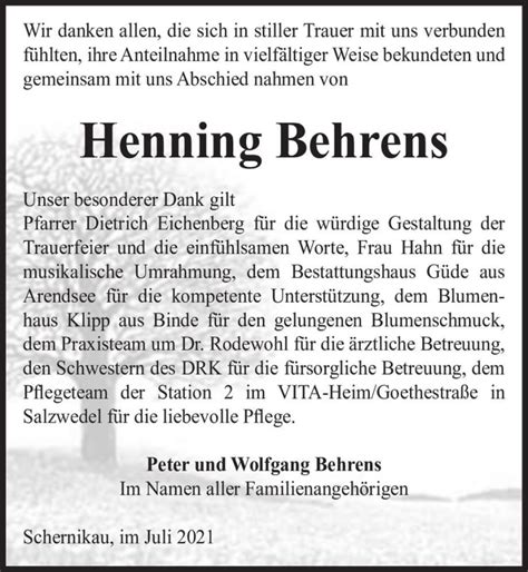 Traueranzeigen Von Henning Behrens Abschied Nehmen De