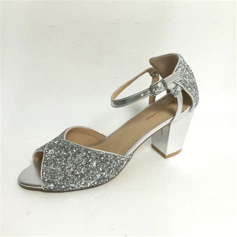 Silver Glitter Sequins Chunky Heel Women Sandals Peep Toe Women Heel