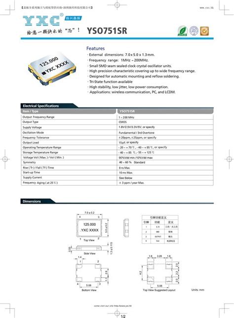 YXC 有源晶振7050 YSO751SR 30MHZ 贴片晶振 维库电子市场网